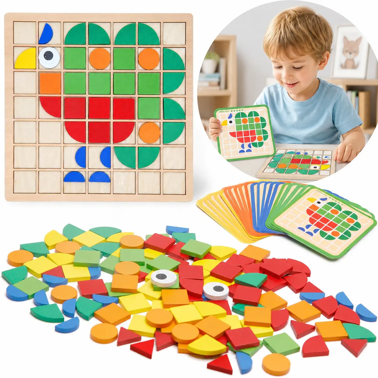 Montessori Educational, Geometric Shapes Puzzle Toys with 120Pcs Wooden Puzzle Blocks and 20Pcs Cards, Colorful Pattern Montessori Children's Educational Gifts for Kids Ages 3 and Up