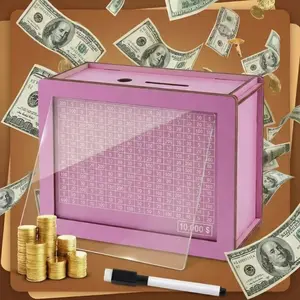 2026 New 10000 Larger Size Savings Challenge Box with stickers - Cash Vault Wooden Money Savings Box - Money Bank Wooden Cash Coin Piggy Bank with Counter and Dry Erase Pen