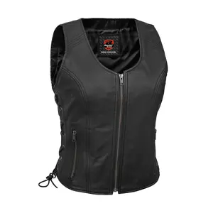 DANIEL SMART Inferno Women's Leather Motorcycle Vest, Bike Style Vest, Ultra-Soft Drum Dyed Naked Goat Skin, Open Neck, Side Lacing, YKK Zipper, Black, XS-5XL, Bike Style Vests