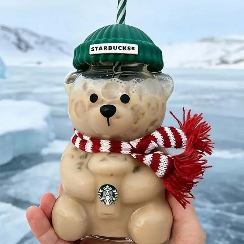 2026 Starbucks Barista Bear Limited Edition Reusable Glass Tumbler Pre-Order Set - 591ml Cold Cup for Iced Drinks, Portable with Lid and Reusable Straw, Christmas Gift (Home & Festive Party Supplies)