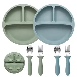 Baby Feeding Set 2 Pack Silicone Suction Plates with 2 Spoons & Forks, BPA Free Toddler Utensils, Baby Led Weaning Essentials, Easter Gift