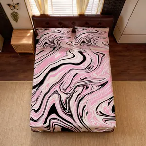 Pink & Black Fluid Print Fitted Sheet Set, 3 Pieces Bedding Set (1 Deep Pocket Fitted Sheet + 2 Pillowcases, No Inserts), Soft & Breathable Abstract Swirl Pattern Bedding Set for Bedroom, Guest Room & Dorm Decor