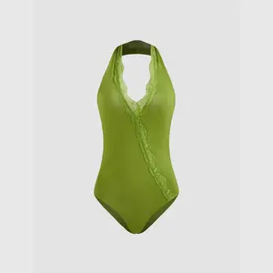 Cider [size 2-10] V-neck Solid Halter Lace Bodysuit SwimWeek
