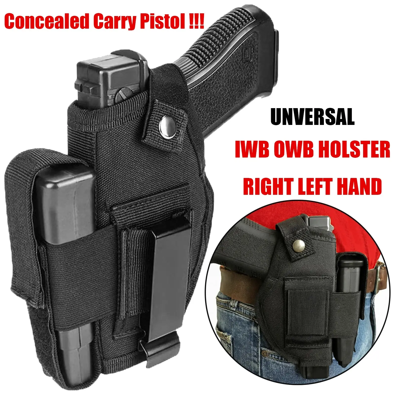 Tactical Universal Gun Holster for Men & Women, IWB/OWB Concealed Carry Pistol Holster with Metal Clip, Right & Left Hand Draw Gun Accessory
