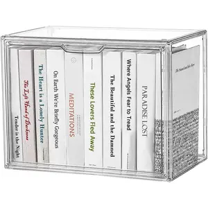 ​​​​​​Clear Acrylic Bookcase, Book Organizer Box, Portable Book Containers with Magnetic Door, Stackable Display Case for Purses Handbags Dolls Toys Shoes(Clear, 14.17" ×10.63"×8.66")