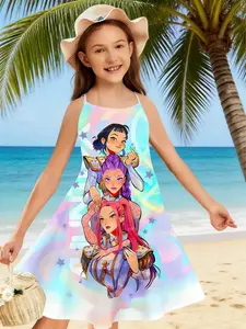 Girls K-Pop Hunter Theme Fashion Dress, Anime Pattern Printed, Slim-Fitting Casual New Trend Clothing, Birthday Gift, Ages 4-12, Sleeveless Dress