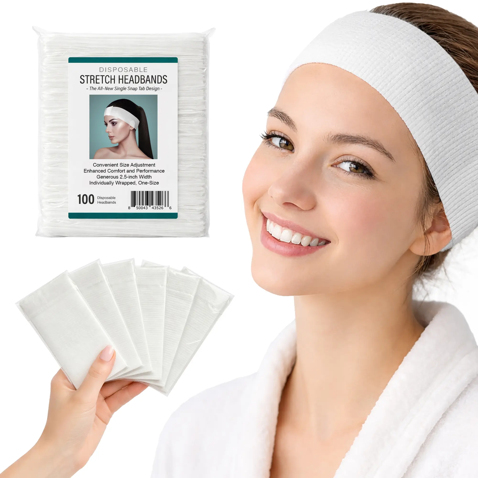 APPEARUS 100 Ct. Disposable Headbands Snap-Tab Closure for Personal & Professional Use Soft Nonwoven Fabric Comfortable One-Size-Fits-All Skincare Tool