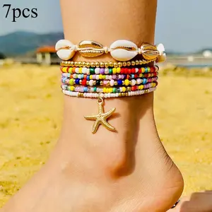 7-Piece Ocean & Beach Themed Anklet Set | Hawaiian Vacation Style, Simple Single-Strand Hand-Woven Seed Bead Anklets with Starfish & Shell Charms