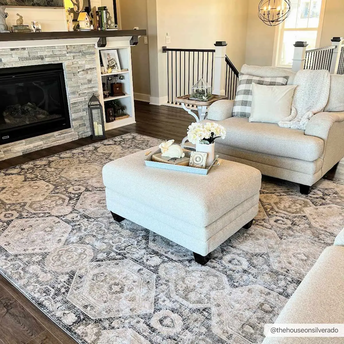 Minoa Indoor Area Rug - Neutral Decorative Floor Rug with Black Accents for Living Room Use