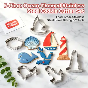 5 Piece Ocean Nautical Cookie Cutters Set, Anchor Lighthouse Whale Shell Starfish Shapes, Food Grade Stainless Steel, DIY Baking Tools