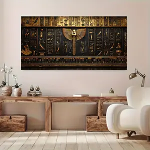 Modern Ancient Egyptian Architecture Canvas Wall Art with 1.5" Thick Pinewood Frame - Gold Hieroglyphic Inscriptions and Pharaoh Patterns, Vintage Style Decor for Living Room, Antique Retro Decor Poster Print Artwork Ornaments Artistic Photo Decoration