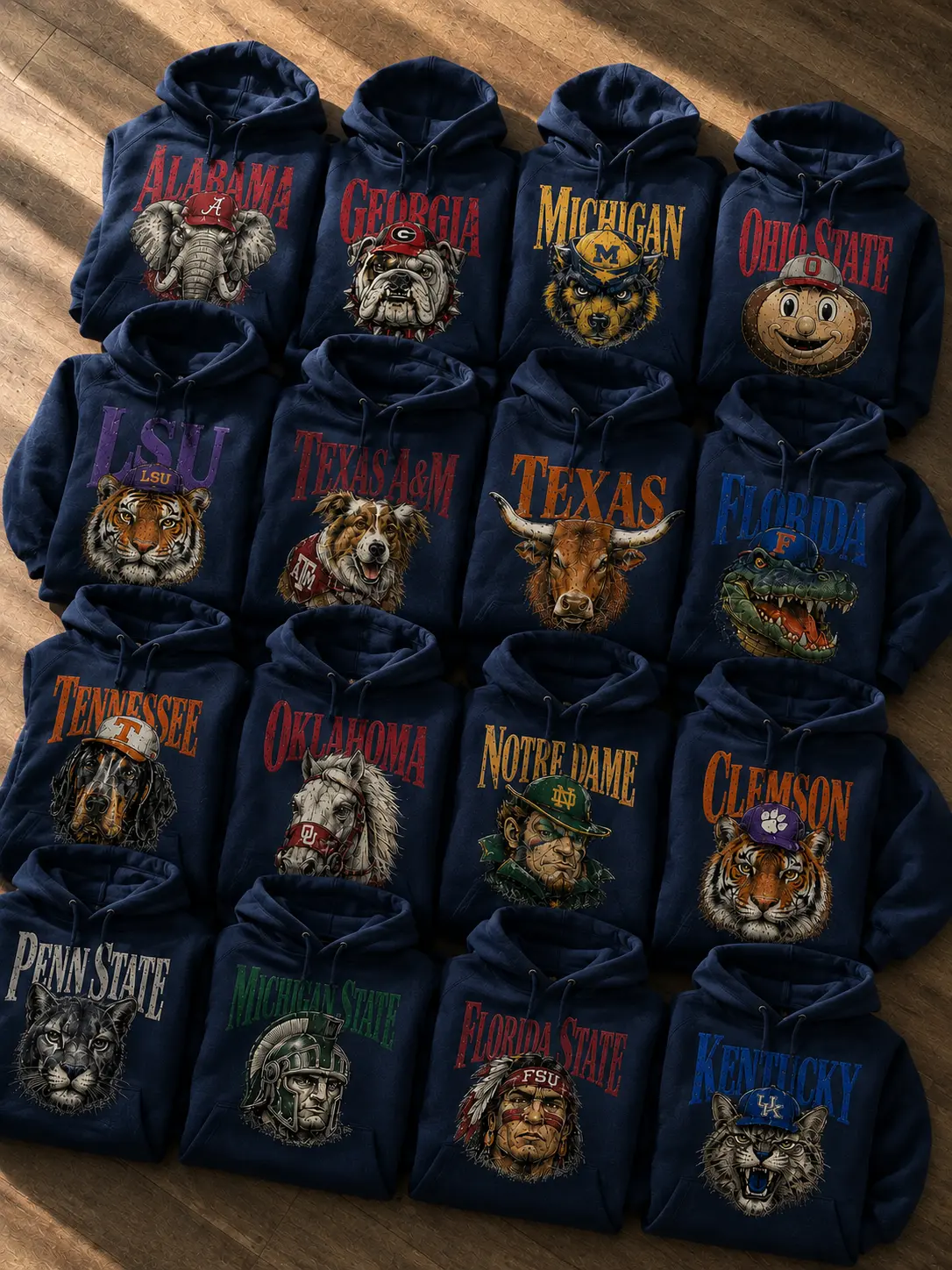 Vintage College Mascot Hoodie, Retro University Football Graphic Sweatshirt, Navy Color Collegiate Team Hoodie, Distressed Varsity Mascot Pullover, Game Day Fan Apparel, Unisex Campus Hoodie