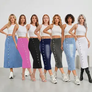 JUNBAOSS Women's Casual Stretch Mid Rise Long Denim Skirt with Button Down A Line Plain Design Cotton Fabric Elastic Waistband Functional Pockets Fitted Hipster Style Fashion - Womenswear Everyday Streetwear Bottom Slim