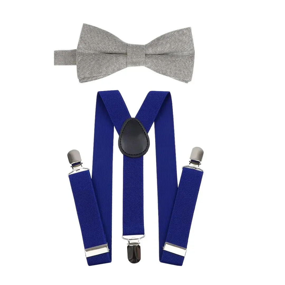 TIE MOOD Gray Cotton Pre-Tied Bow Tie & Royal Blue Suspenders Set | Bow Tie & Suspender for Boys & Dad | Easter Outfit