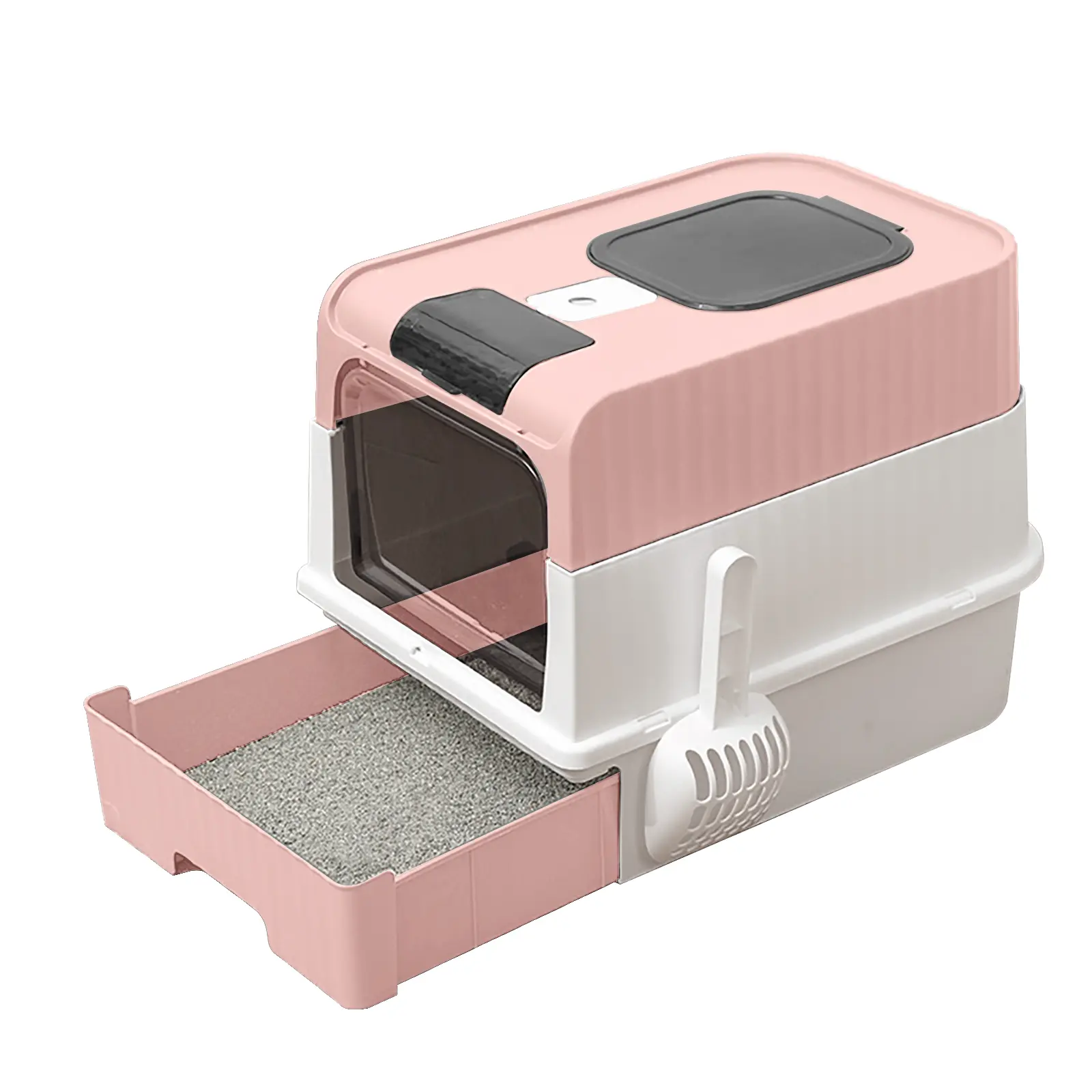 Anti-Splash Enclosed Cat Toilet: 50CM Deep-Wide Basin with Raised Rim / Built-in Drawer for Quick Waste Removal / Dual-Entry Hooded Privacy / Perfect for Chubby Cats & Growing Kittens