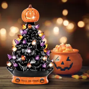 1 Piece Ceramic Halloween Christmas Tree with LED Light 9 inch- Festive Holiday Decor with Spooky Season Elements, Battery Operated, Tabletop Decor for Home, Indoor Xmas Decoration