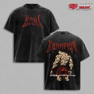 Baki Acid Wash Oversized T Shirt, Anime Fighter Back Artwork Graphic Tee, Heavy Cotton Streetwear Clothing for Men Women Anime Fans
