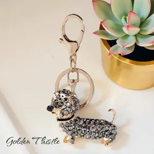 Golden Thistle Black Dachshund Rhinestone Dog Keychain & Charm Clasp with Lobster Claw Clasp for Purse Accessories 1.96" L x 3.5" H