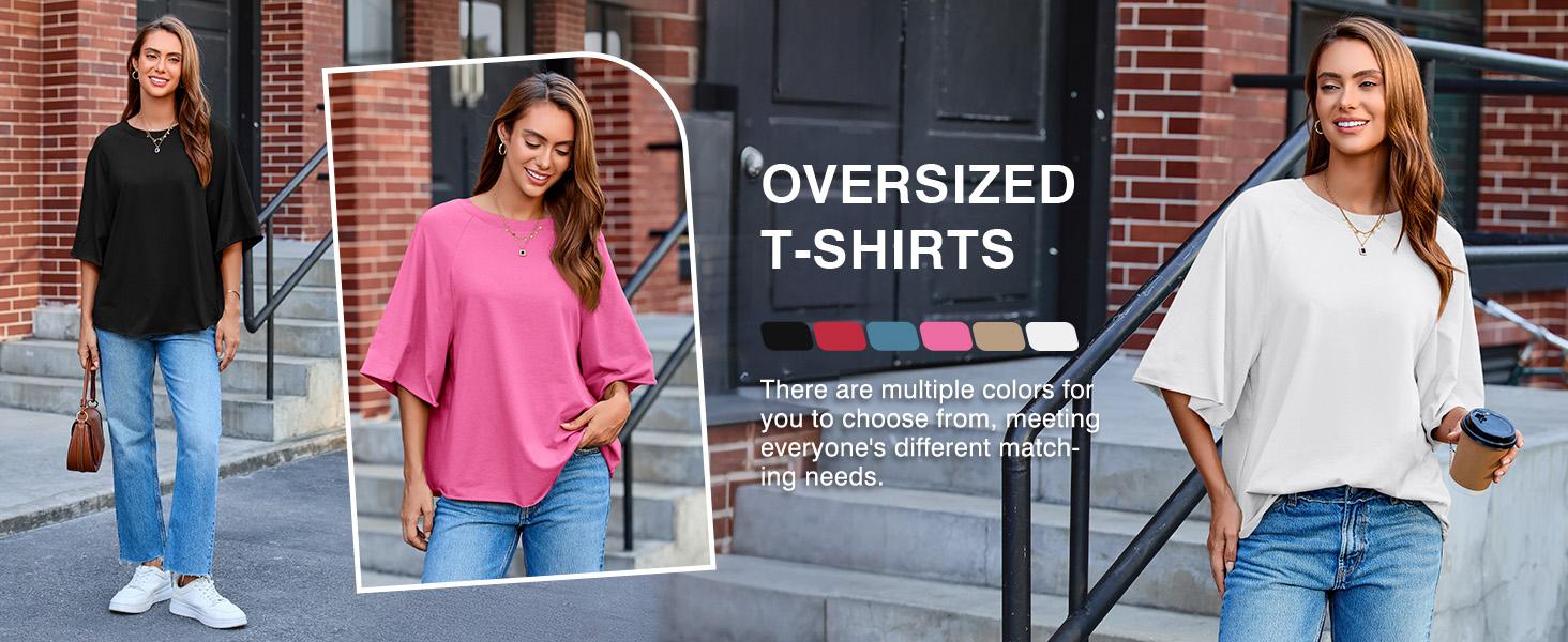 Tankaneo Womens Oversized Half Sleeve T-Shirts Trendy Casual Loose Fit Tops Summer Crew Neck Baggy Shirts