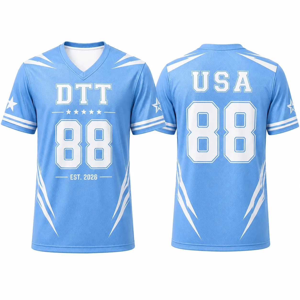 DTT 88 USA V-Neck Football Style Shirt for Men Women, Light Blue White Game Day Sports Jersey Tee, Original American Fan Apparel Short Sleeve Athletic Top for Tailgate, Sports Events, Casual Streetwear