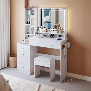 Makeup Vanity Desk with LED Mirror & Movable Storage Cabinet, 6-Tier Open Shelves, 5 Drawers, Adjustable 3-Color Lighting for Bedroom