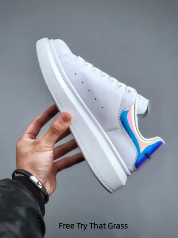 Minimal White Gradient Iridescent Heel Leather Platform Sneakers, soft white flat laces, breathable side tiny perforations, thick textured white elevated shock-absorbing midsole, wear-resistant grain rubber outsole, comfy padded ankle lining