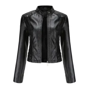 Women's Rivet Leather Jacket Spring & Autumn Long Sleeve Stand Collar Fitted Basic Black Minimalist Outerwear S-4XL Fashion Coat for Casual Wear - Womenswear