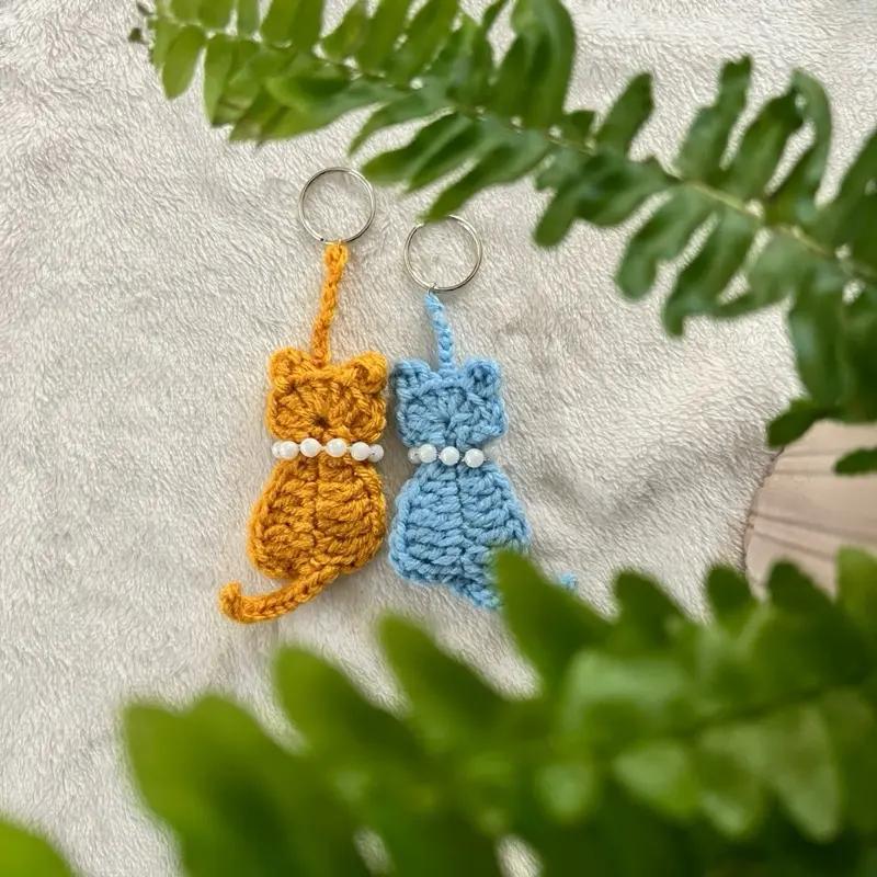 Crocheted Cat Keychain - Yellow & Blue Handmade Key Fobs with Pearl Detailing