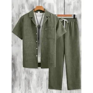 Men's Olive Green Textured Plain 2-Piece Casual Set Outfit - Short-Sleeve Blazer Shirt (Chest Pocket) + Matching Drawstring Pants, Lightweight Breathable Fabric, Relaxed Fit, Ideal for Outdoor Errands, Park Strolls & Casual Outdoor Hangouts