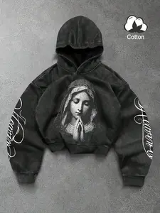 Unisex Loose Hoodie, Vintage Religious Virgin Print, Handwritten Letter Sleeves, Soft Cotton Fabric, Streetwear Style