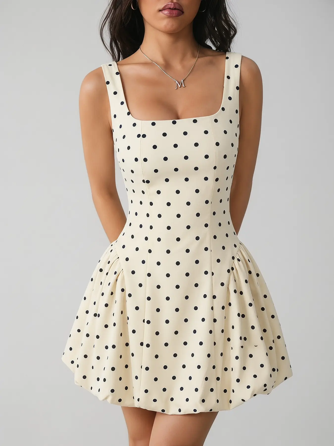 Women's Cream Polka Dot Square Neck Summer Mini Dress, Sleeveless Fit-and-Flare Bubble Hem Dress, Elegant Retro Party & Cocktail Dress, Chic Flared