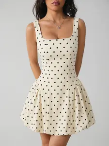 Women’s Cream Polka Dot Square Neck Mini Dress, Sleeveless Fit-and-Flare Bubble Hem Dress, Elegant Retro Party & Cocktail Dress