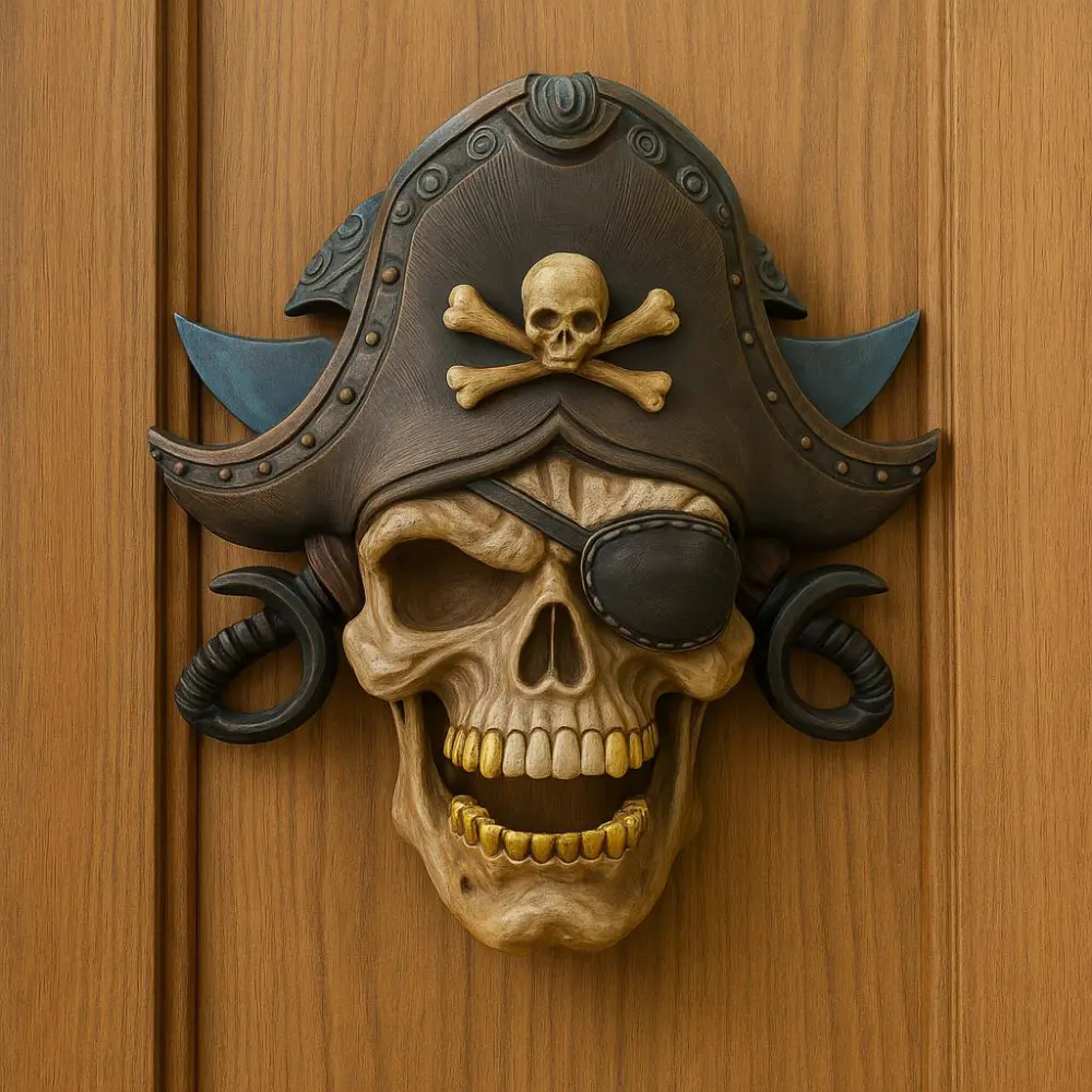 Hand-Painted Gothic Style Pirate Skull Door Knocker, 9" h x 6" w x 3" d Functional Halloween Door Hardware, Handmade Dramatic Entryway Statement Decor