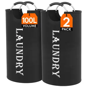 Lifewit 100L/120L 2-Pack Large Laundry Basket, Black, Waterproof Freestanding Dirty Clothes Hamper with Aluminum Handles