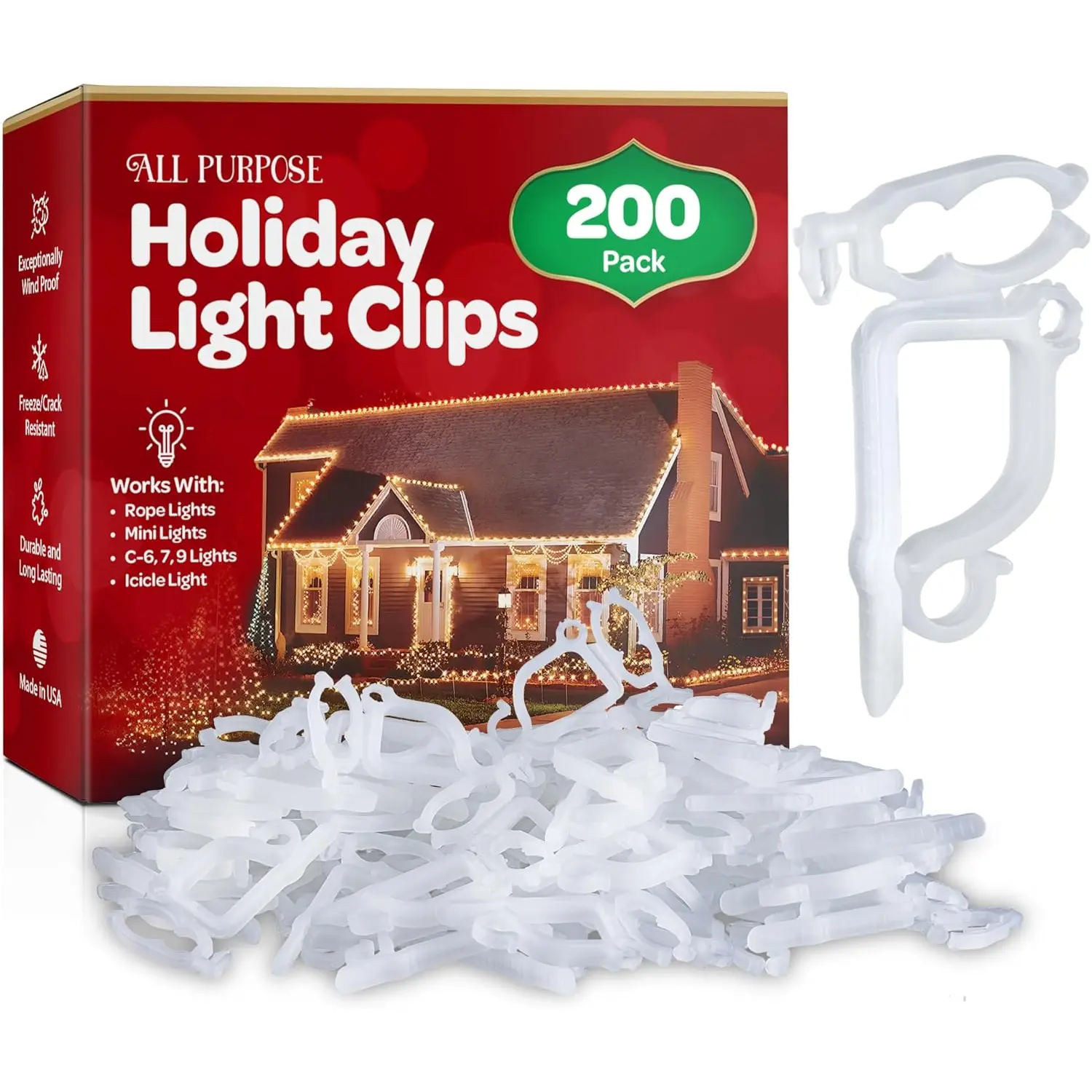 All-Purpose Holiday Light Clips [Set of 200] Christmas Light Clips, Outdoor Light Clips - Mount to Shingles & Gutters - Works with Mini, C6, C7, C9, Rope, Icicle Lights - No Tools Required - USA Made SEWANTA