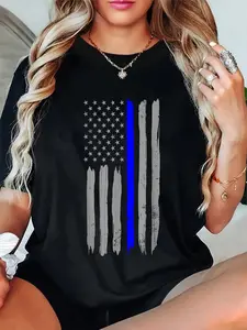 100% Cotton Vintage Thin Blue Line Shirt Police Support USA Flag T-Shirt