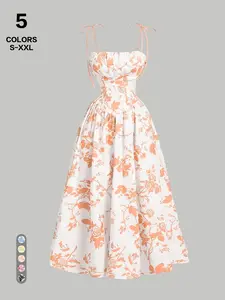 2026 Vintage Rose Print Halter Long Dress, Summer Square Neck Tie Waist A-Line Dress, Sexy Bodycon Leg-Showcasing Beach Style Fairy Dress   maxi dress  bubble dresses