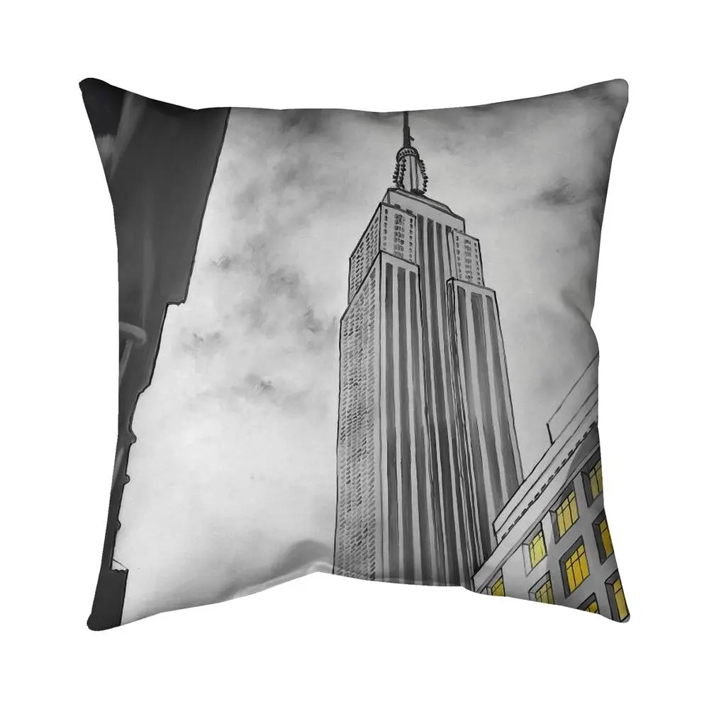 360 Stand Empire State Building Sketch Pillow, 16x16 in Gray Polyester Minimalist NYC Skyline Decoration - Textile Soft Furnishing Bedding Linen Accent, Elegant, Artistic, Urban Elegance, Room Decor, Minimalist Design