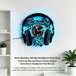 Vinyl Record Wall Clock, Music Headphones Design, Silent Analog Clock, Aesthetic Gift for Music Lovers, Home Decor, LED Type with USB, USB Powered Clock