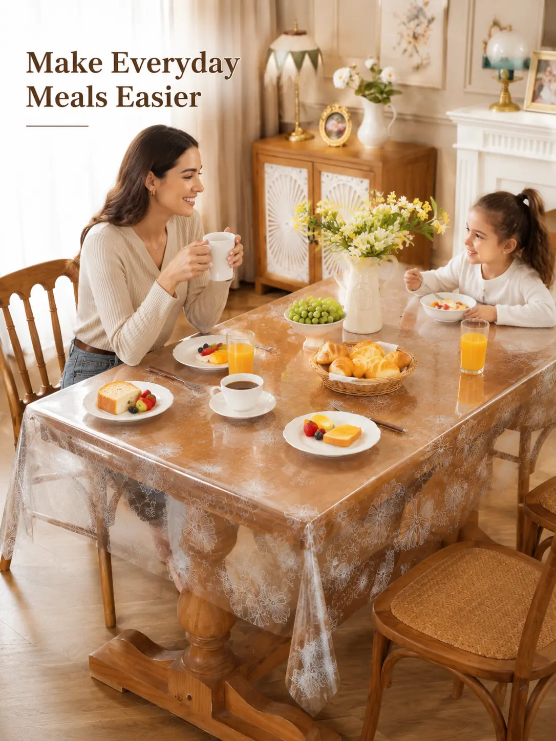 Clear Floral Tablecloth for Thanksgiving Christmas Dinner, Waterproof PVC Vinyl Table Cover Protector, Wipe Clean Dining Tablecloth for Holiday Party