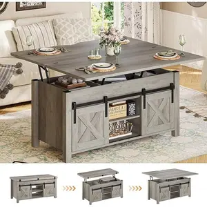 Sikaic 4-in-1 Extendable Multi-Functional Lift-Top Coffee Table - Grey, with Storage & Hidden Compartment, Mid-Size Farmhouse Gaming-Style Living Room Furniture, Mid-Size Coffee Tables