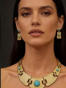 Two-Piece Vintage Turquoise Necklace Earrings Set, 18k Gold Plated Ethnic Style, Matte Texture Jewelry, Casual All-Season Accessory