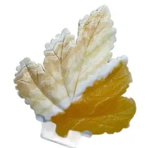 Maple Leaf Carving Design - Yellow Calcite Natural Crystal Decoration for Home Decor or Gift with Free Acrylic Stand