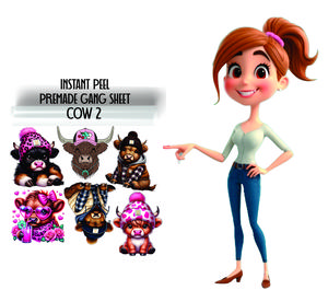 Cow 2 Premade Gang Sheet 30*24 with  Full-Size DTF Prints Instant Peel Film for Easy Application Ideal for Apparel