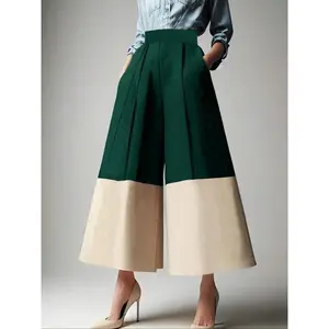 Women’s colorblock high-waisted trousers — elegant casual wide-leg pants with an elastic waistband and oblique pockets, suitable for work, office, and business; ladies’ bottoms for all seasons; loose-leg trousers.