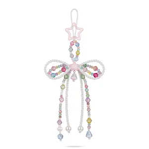 Handmade Beaded Bow Charm for Women Girls, Y2K Dopamine Style Faux Pearl & Crystal Bead Keychain Pendant, Cute Bow Bag Charm for Purse Backpack Phone Case Car Keys Accessories