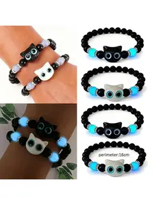 4pcs Set Black and White Cat Jewelry Bracelets for Couples or Sisters, Adjustable Stretch, Perfect Holiday Gift, Retro Cat-Themed Favors Suitable for &, Year-Round Wearable Gift (No Coating)