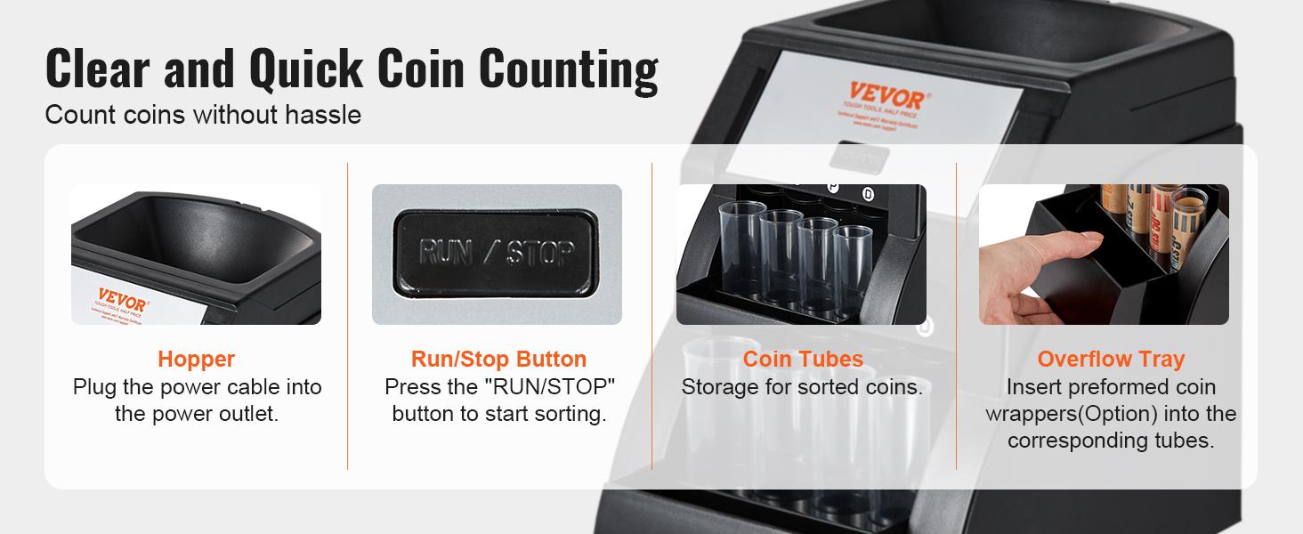 TikTokShopBlackFridayVEVOR USD Coin Sorter, Coin Sorter Machine for USD Coin 1￠ 5￠ 10￠ 25￠, Sorts up to 230 Coins/min, Coin Sorter and Wrapper Machine Holds 200 Coins Included 4 Coin Tubes, Black  VEVOR Super Brand Day