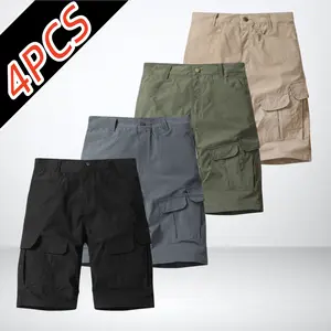 4-pack men’s cargo shorts with multiple pockets, quick-drying woven fabric resistant to tearing, lightweight design, button waistband with suspender tabs, double-layer flap side pockets, outdoor wear-resistant mid-length shorts