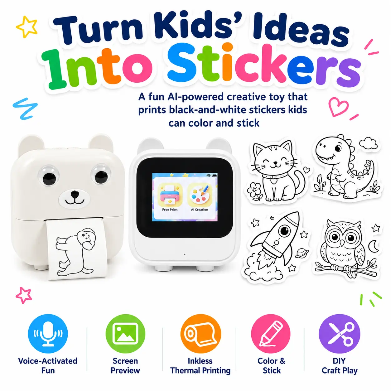 Inkless Thermal AI Voice Printer for Kids - Smart Label Printer with AI Picture Creation, HD Screen, with Batteries, Creative DIY Craft Toy Gift, Bonus 5 Paper Rolls, 12 Pens & Carry Lanyard, Inkless Printer